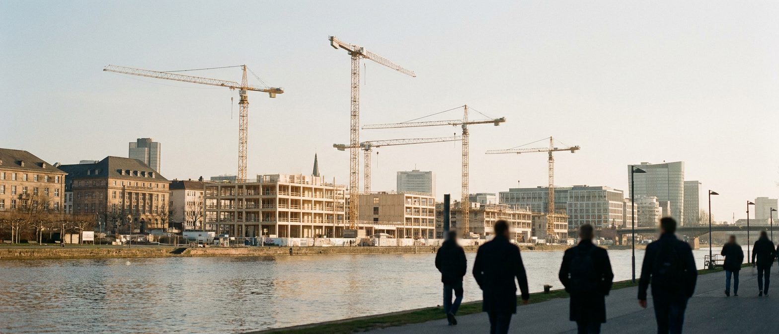 Panorama der Baustelle im Schönhof-Viertel mit Kränen über hellen Holzhybrid-Rohbauten im warmen Nachmittagslicht.