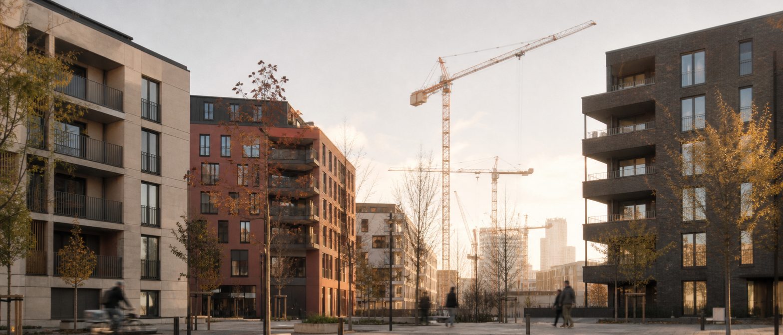 Neue Wohnblöcke mit farbig abgesetzten Fassaden um einen jungen Quartiersplatz, dahinter Baukräne im Morgenlicht.