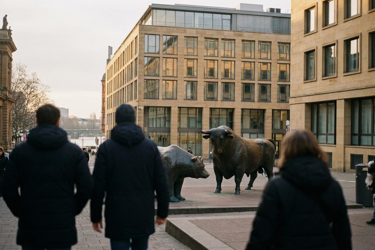Die Bronzeskulpturen von Bulle und Bär vor der Börse am Börsenplatz im warmen Seitenlicht, Passanten unscharf im Hintergrund.