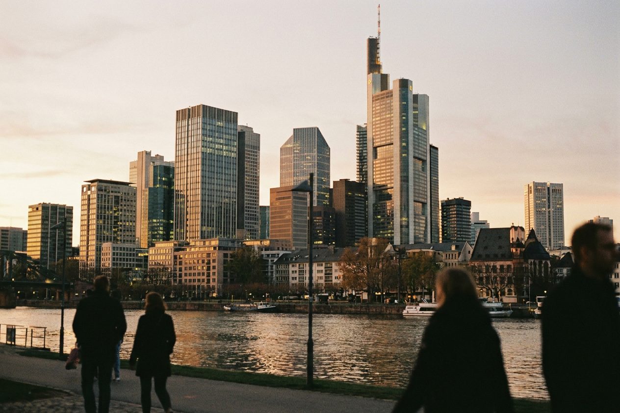 Feierabendblick über den Main auf beleuchtete Bürotürme, die letzte Sonne liegt auf den Fassaden.