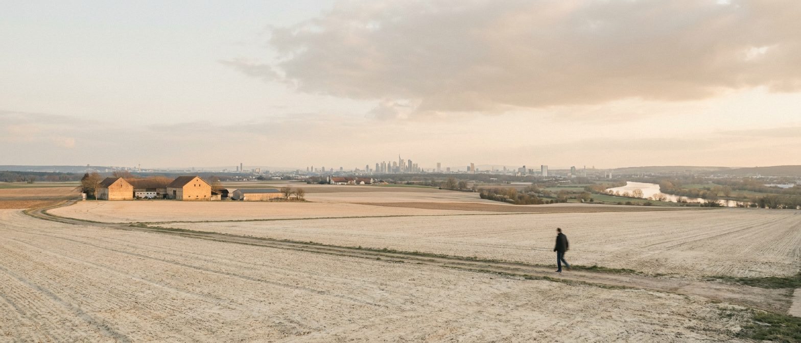 Weite Ackerflächen im Frankfurter Nordwesten unter hohem Himmel, die Skyline klein am Horizont.