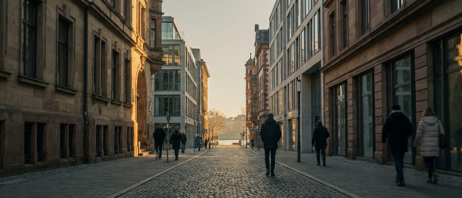 Blick in die Fahrgasse mit alten und neuen Fassaden im morgendlichen Streiflicht als breites Panorama.