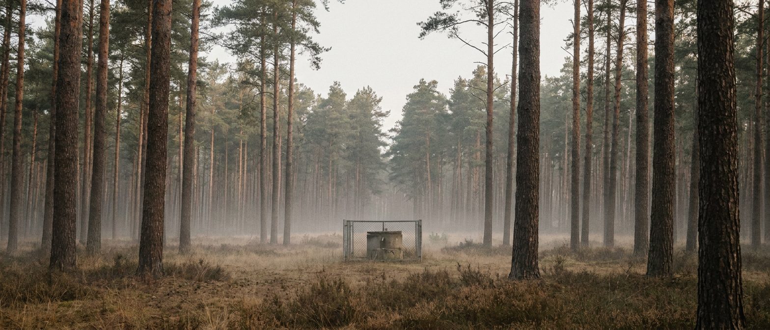 Kiefernwald im Frankfurter Stadtwald mit einem eingezäunten Brunnenschacht der Trinkwassergewinnung im Morgenlicht.