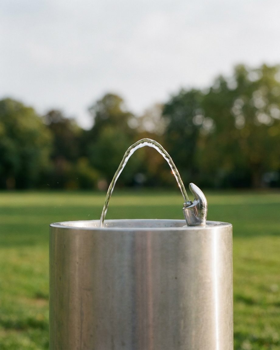 Wasserstrahl aus einem einfachen öffentlichen Trinkbrunnen, Hochformat, Sonnenlicht im Wasser.