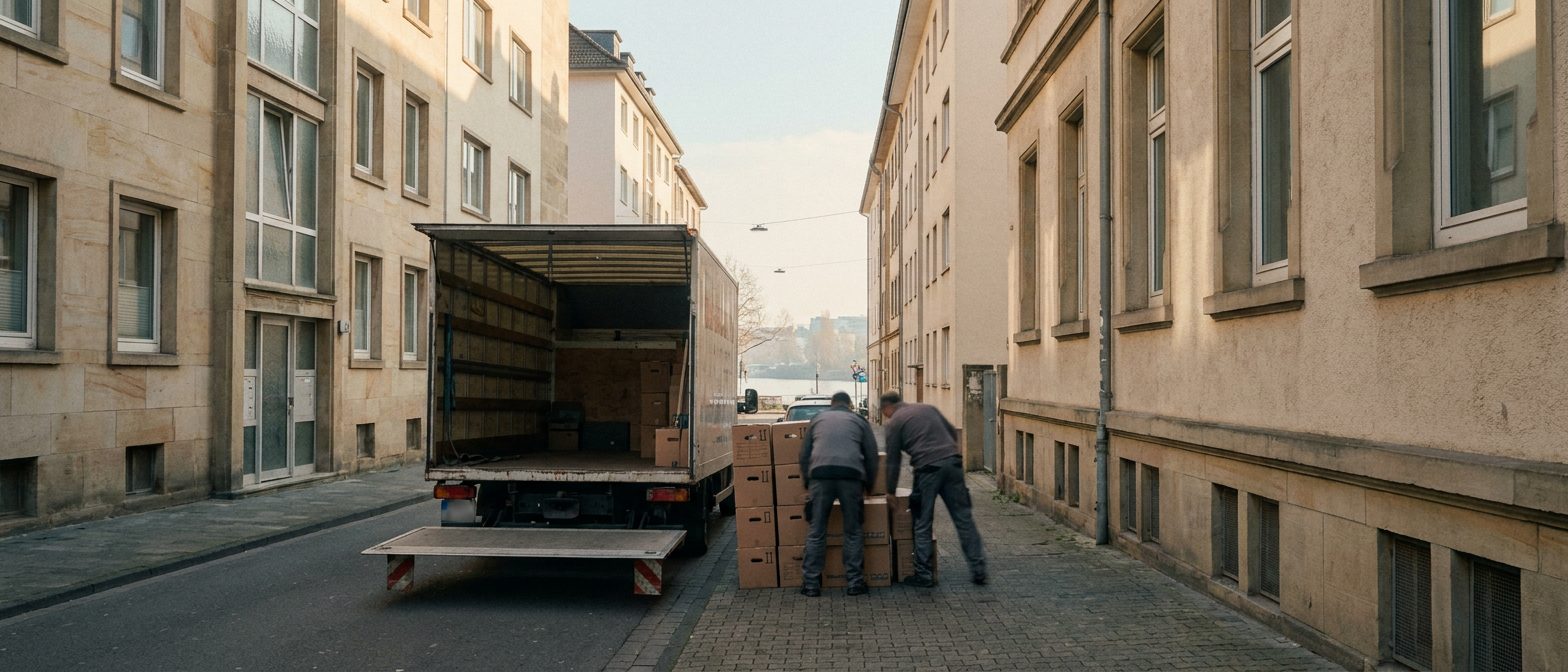 Möbelwagen mit offener Ladeklappe in einer Nordend-Straße, Umzugskartons auf dem Gehweg im Morgenlicht.