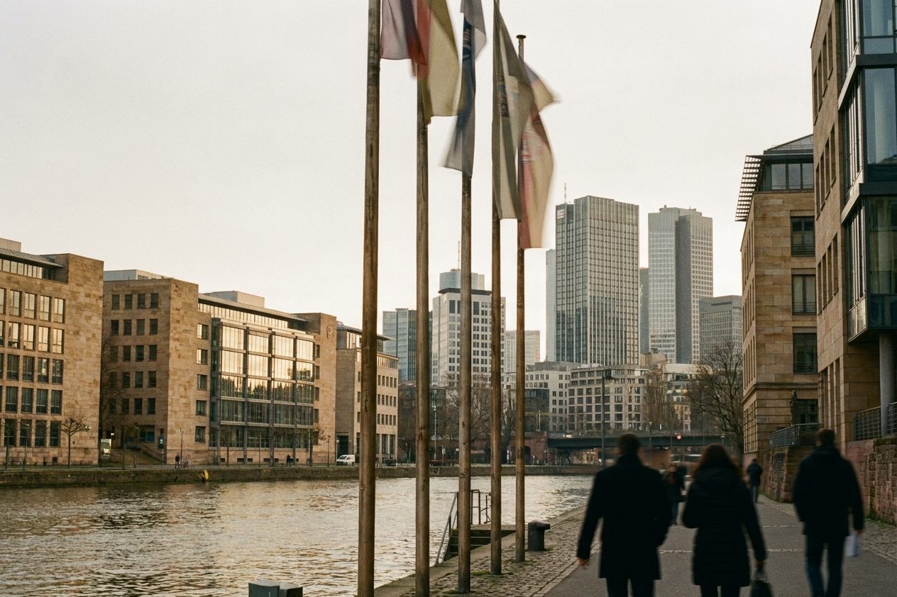Fahnenmasten mit wehenden Fahnen vor den unscharfen Türmen des Frankfurter Bankenviertels.