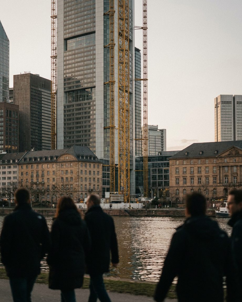 Die gelbe Stahlkonstruktion der Fassade des Commerzbank Towers, senkrecht nach oben fotografiert.