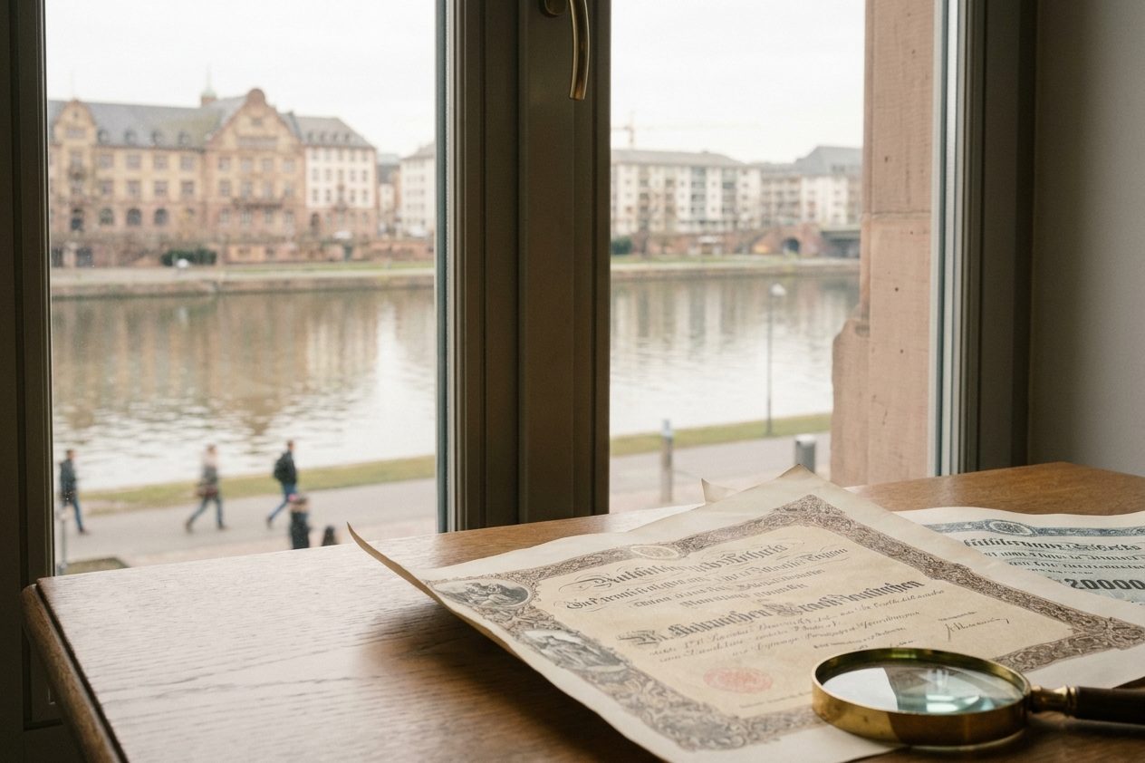 Historische Aktienurkunden mit verzierten Rahmen liegen angeschnitten auf einem Holztisch, daneben eine Lupe im weichen Fensterlicht.
