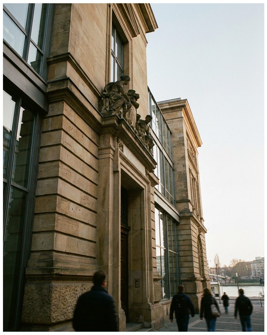 Blick von unten die helle Sandsteinfassade der Börse hinauf zu den Figuren über dem Portal, dahinter blauer Himmel.