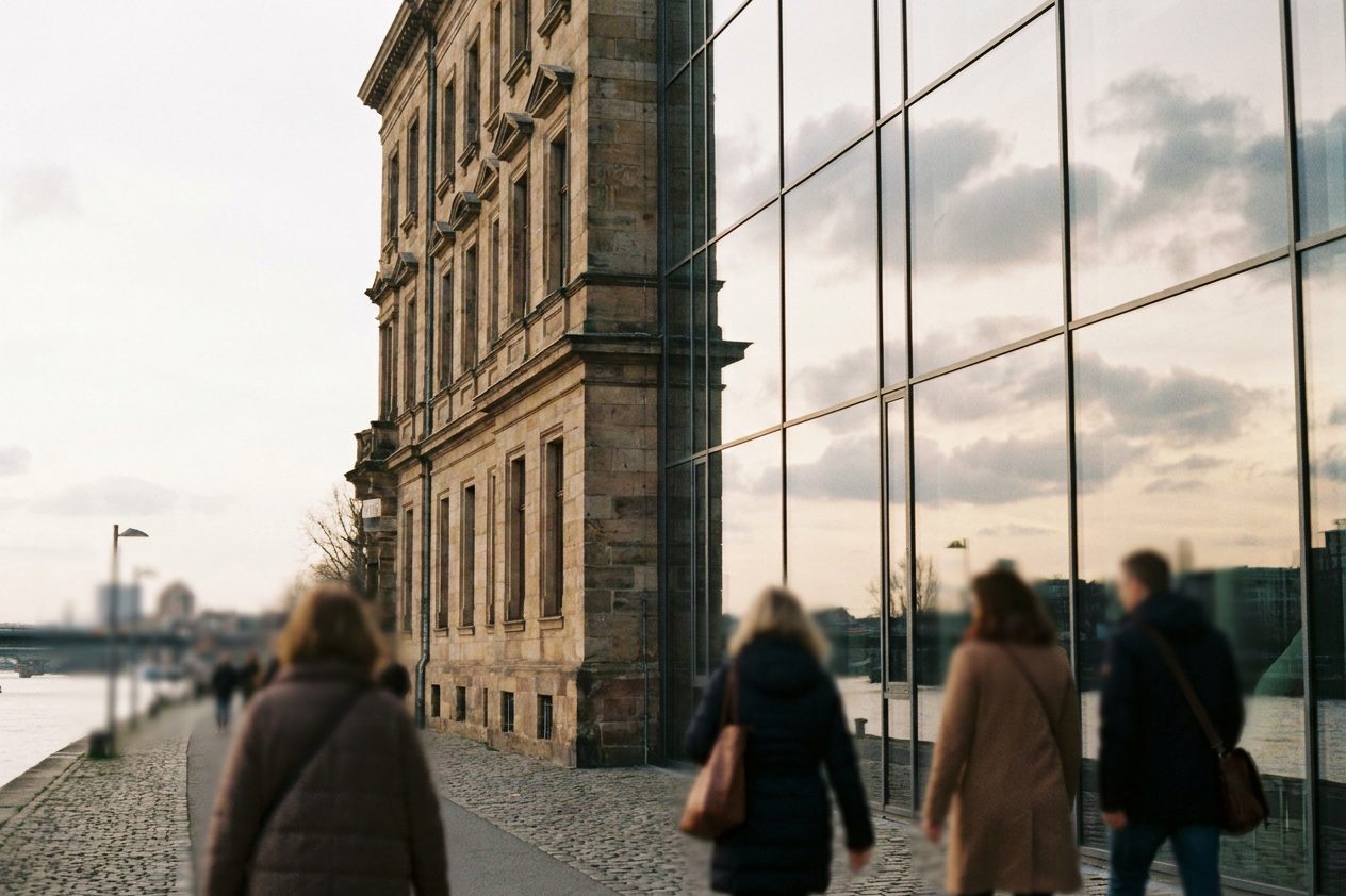 Die schräg eingeschnittene gläserne Fuge zwischen der historischen Großmarkthalle und dem EZB-Turm, in den Scheiben spiegeln sich Wolken.
