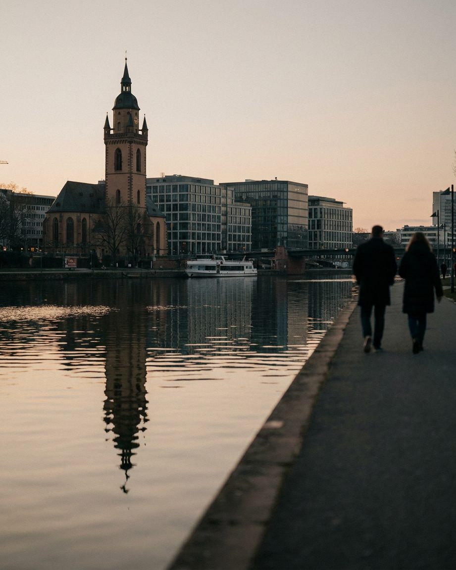Der EZB-Doppelturm spiegelt sich im Hochformat vollständig im ruhigen, fast glatten Wasser des Mains.