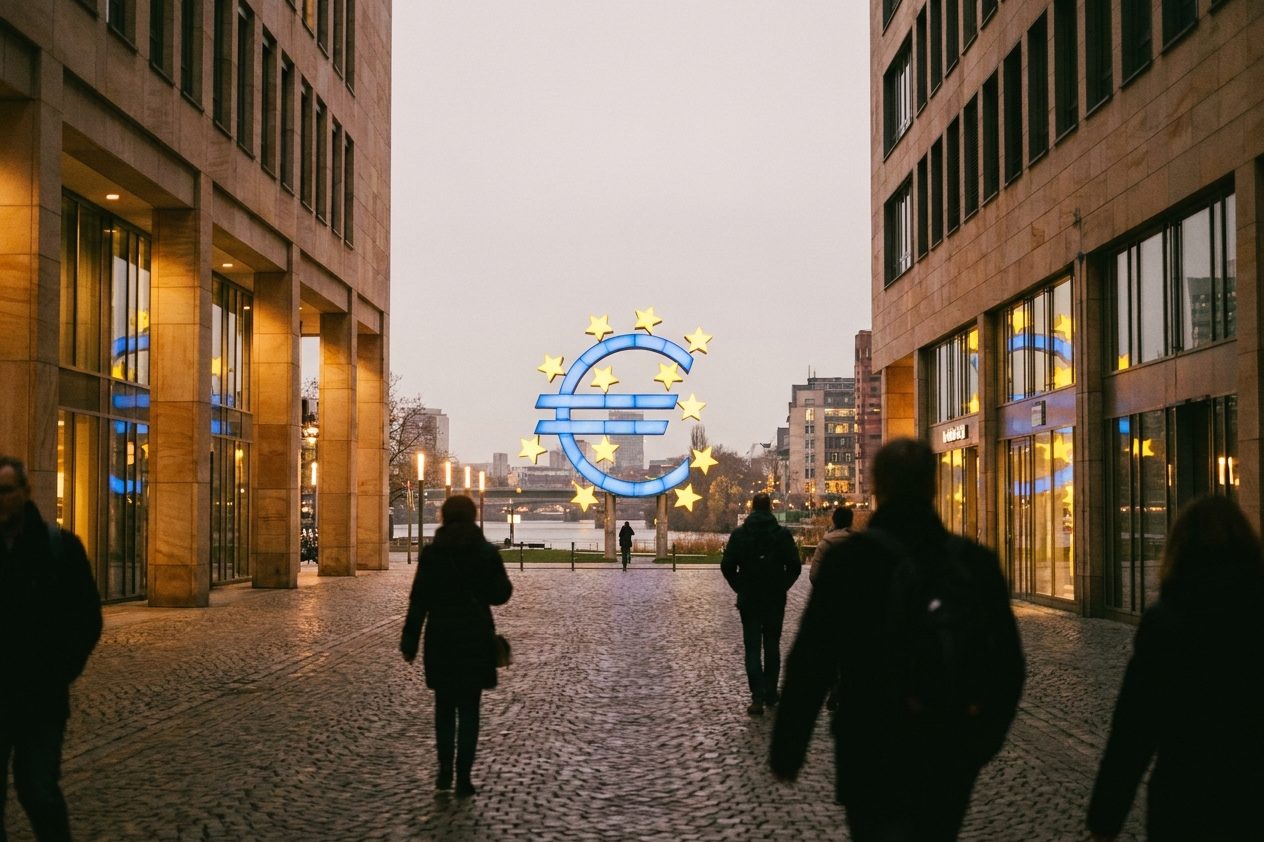 Das blau beleuchtete Euro-Denkmal mit gelben Sternen am Willy-Brandt-Platz in der Dämmerung, Passanten als unscharfe Schemen davor.