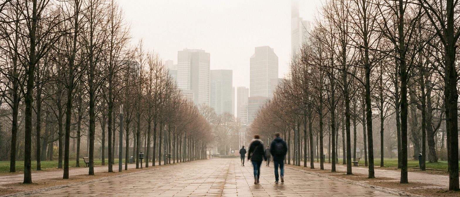 Allee im Grüneburgpark im Morgennebel, dahinter ragen die Spitzen der Frankfurter Bankentürme auf.
