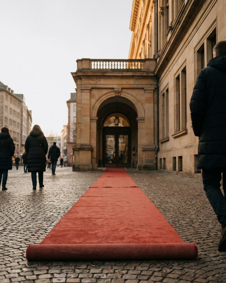 Ein ausgerollter roter Teppich führt im Hochformat über den Börsenplatz auf das säulengeschmückte Portal der Alten Börse in Frankfurt zu.