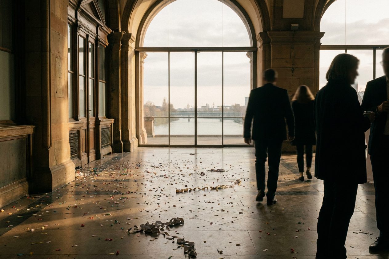 Der leere Handelssaal der Börse Frankfurt im letzten Abendlicht, auf dem Parkettboden liegen vereinzelte Konfettireste.