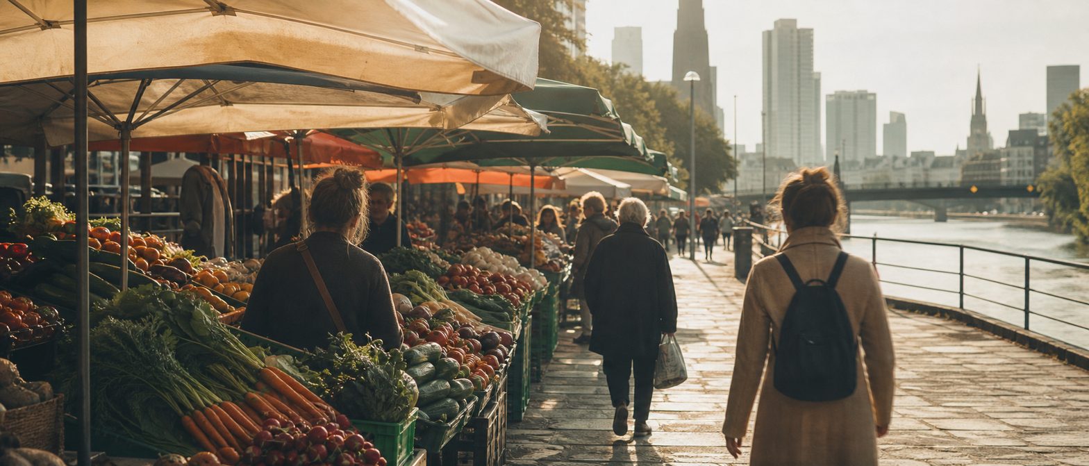 Marktstände mit bunten Gemüseauslagen unter aufgespannten Schirmen im Morgenlicht, Kundschaft von hinten.